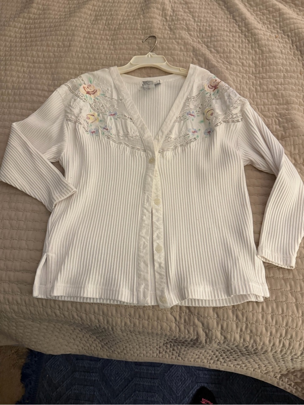 Together White Ribbed Button-Front Top with Floral Embroidery